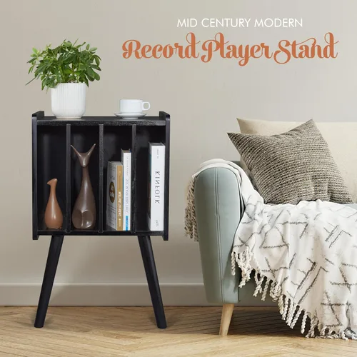 Vista 6 de 2BHOME Soporte de madera para tocadiscos LP con 4 gabinetes, capacidad para hasta 100 vinilos, soporte de almacenamiento de discos de metal y mesa