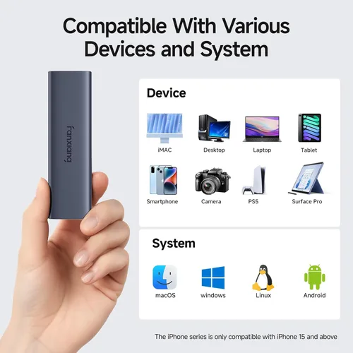 Vista 7 de fanxiang SSD externo de 2 TB - Unidad de estado sólido externa SSD portátil, 1000 MB/s, USB 3.2 Gen2 tipo C, aleación de aluminio, disco duro