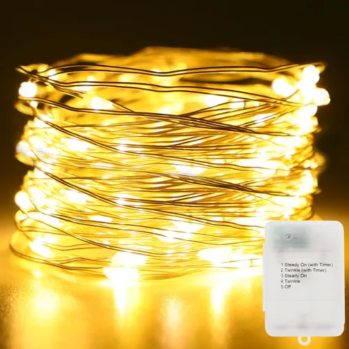 Vista 9 de Paquete de 2 luces de hadas de Navidad que funcionan con pilas, 16.4 pies, 50 LED de alambre de cobre plateado, luces parpadeantes con 2 modos