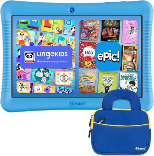 Contixo K102 Paquete de tabletas para niños de 10 pulgadas, tableta de aprendizaje HD y bolsa de manga para niños de 3 a 7 años, incluye libros