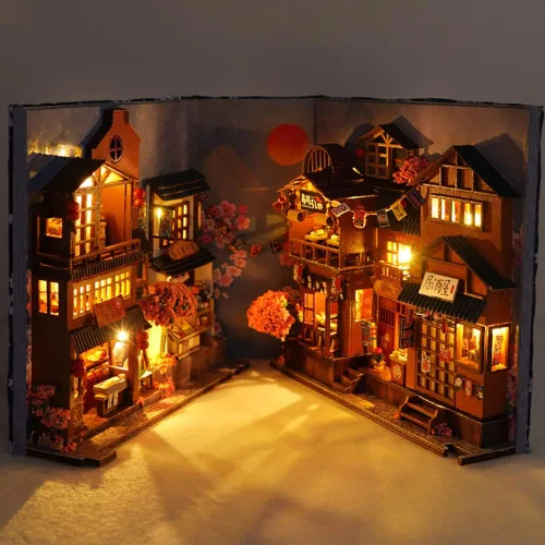 Vista 3 de Soporte de madera 3D para libros, rompecabezas de casa de muñecas, sujetalibros de madera, kit de construcción con luz LED para adolescentes