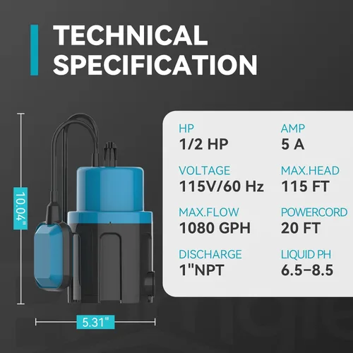 Vista 6 de Bomba de sumidero sumergible de 1/2 HP de 1080 GPH Bomba de agua sumergible con interruptor de flotador, bombas de utilidad para drenaje