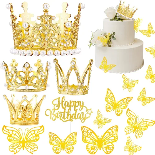 Juego de 29 adornos dorados para tartas, 4 coronas, 24 piezas de decoración de mariposa dorada en 3D, 1 adorno de pastel de feliz cumpleaños, mini