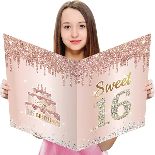 Eucutur Tarjeta grande de decoración de fiesta Sweet 16 con sobre para Oro rosa 16