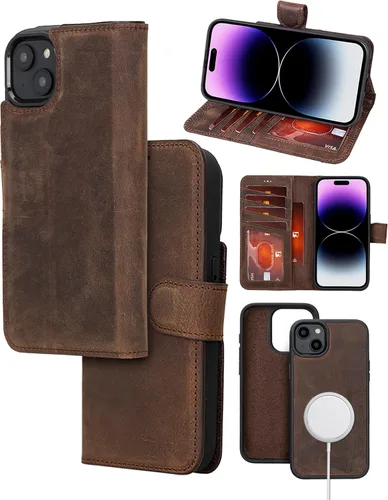 Vista 16 de Bayelon Funda para iPhone 14, funda de cuero de grano completo, [2 en 1], funda magnética desmontable con ranuras para tarjetas, soporte y función