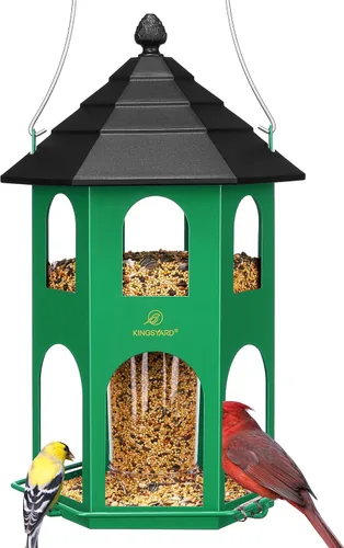 Kingsyard Comedero de metal para colgar en exteriores, comedero para pájaros silvestres con percha circular, fácil de limpiar y rellenar, gran Verde