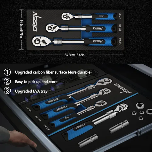 Vista 5 de DISEN Juego de 3 Llaves de Trinquete Extensibles, Impulso de 1/4" 3/8" 1/2", 72 Dientes, Liberación Rápida, Llaves de Vaso con Impulso Reversible
