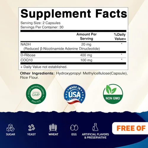 Vista 2 de Vitamatic NADH 20 mg con D-ribosa y CoQ10 - 60 cápsulas, dinucleótido de adenina B-nicotinamida, sin OMG, sin gluten
