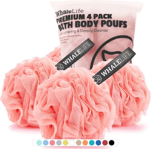 Vista 17 de Esponja de Ducha Paquete de 4 Negra Esponja de Baño Esponjas de Ducha Loofahs Bola Puf Carbón de Bambú Natural Malla Esponjas a Granel Grandes