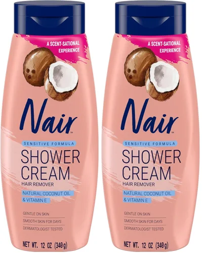 Vista 12 de Nair Crema Depilatoria para la Ducha para Piel Sensible con Aceite de Coco Natural y Vitamina E, Crema Depilatoria Corporal, 12 oz