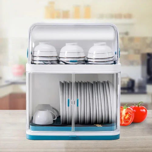 Escurridor de platos con tapa, estante de secado de plástico de 2 niveles para cocina, platos y almacenamiento de platos
