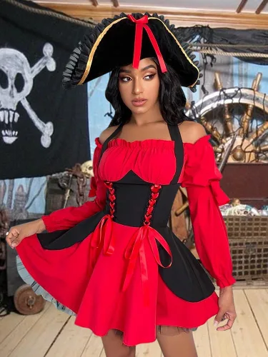 Vista 3 de Disfraz de pirata sexy para mujer, disfraz de pirata de Halloween, 3 piezas, vestido de capitán pirata de mares crueles