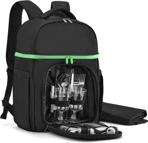 Vogano Mochila de picnic y accesorios – Juego de picnic aislado para 2 personas con compartimentos dobles, manta ligera, juego de cubiertos, para