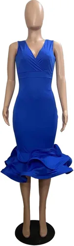 Vista 3 de Vestido de cóctel ajustado de sirena sin mangas con cuello en V y espalda abierta y dobladillo con volantes para mujer