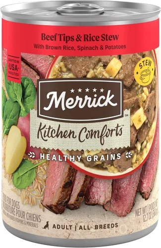 Merrick - Kitchen Comforts - Comida húmeda para perros: salsa, trozos de carne de res, guisado de carne con arroz y arroz integral, con granos, (12)
