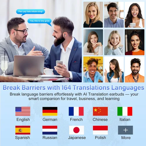 Vista 4 de Auriculares de traducción AI en tiempo real con llamadas de audio y video, 164 idiomas/7 modos de traducción, auriculares de traductor Bluetooth 5.4