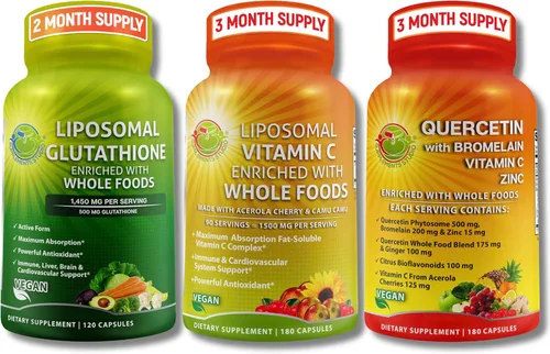SUPPLEMENTS STUDIO Paquete de apoyo inmunológico – Vitamina C liposomal 1500 mg + glutatión liposomal 500 mg + quercetina con bromelina, zinc y
