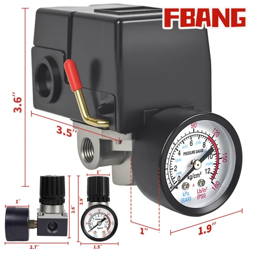 Vista 3 de Interruptor de Presión del Compresor de Aire con Regulador de Presión, Interruptor del Compresor de Aire 90-120 PSI equipa Medidor de Presión