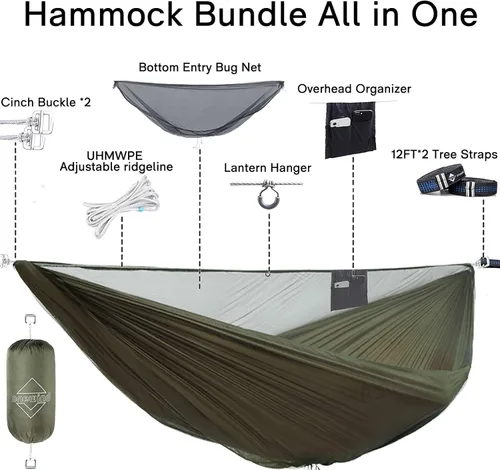 Vista 3 de onewind Hamaca de Campamento de 12 Pies con Mosquitera, Hamaca Doble Ridgeline Portátil Ligera Grande de Nylon Ripstop Duradera con 2 * Correas