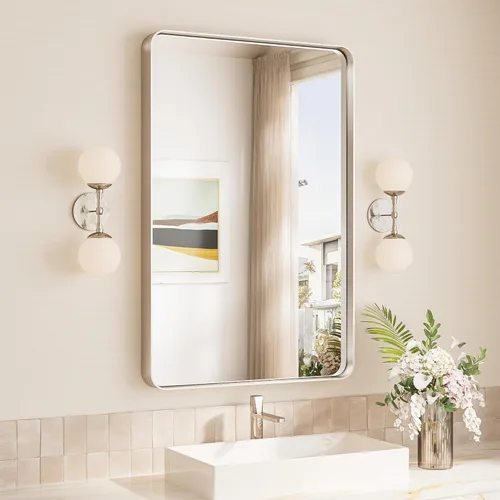 Vista 34 de TokeShimi Espejo de pared de baño de níquel cepillado de 20 x 30 pulgadas, marco de metal, esquina redonda, rectangular, para decoración del hogar