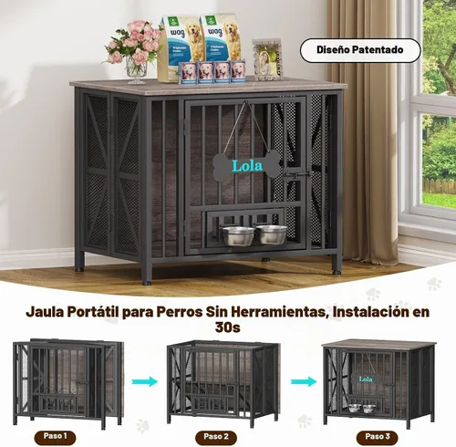 Vista 2 de EasyCom Muebles plegables para perros, jaulas de 31.5 pulgadas para perros pequeños/medianos, perrera de madera para interiores con etiqueta y Gris