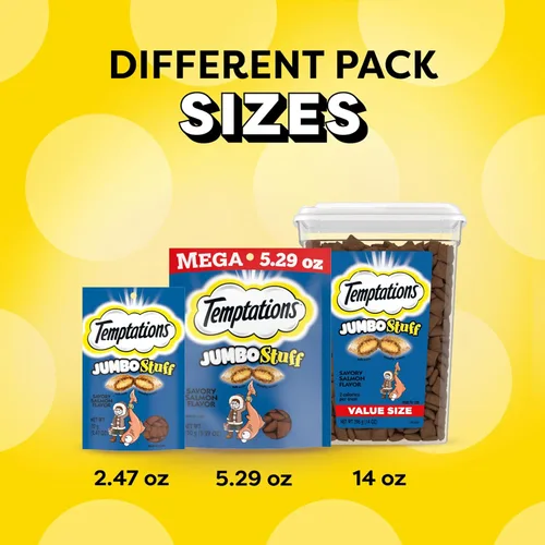 Vista 11 de Temptations Jumbo Stuff - Bocadillos crujientes y suaves para gato sabor salmón delicioso, cubo de 14 onzas