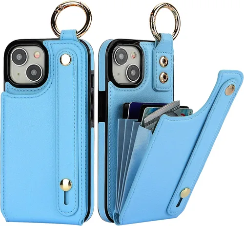 Vista 13 de Folosu Funda tipo cartera para iPhone 15 con tarjetero, correa de mano para muñeca, soporte de bucle, bloqueo RFID, anillo de agarre de dedo de piel