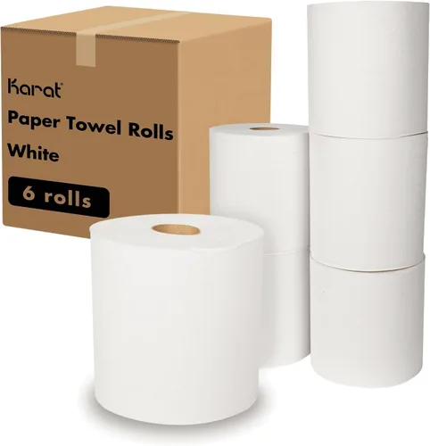 Vista 3 de Karat Rollos de toallas de papel comerciales, absorbentes y resistentes para zonas de alto tráfico, Kraft (paquete de 6)