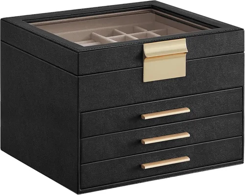 SONGMICS Joyero organizador con tapa de vidrio, almacenamiento de joyas de 4 capas, con 3 cajones, estilo moderno, regalo de Navidad, 8 x 9.1 x 6.5