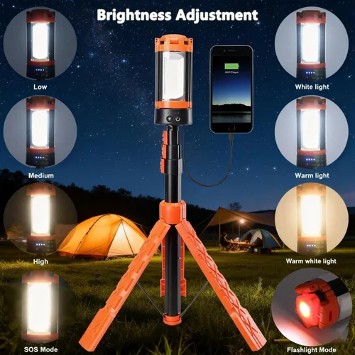 Vista 5 de Luces de campamento, linterna LED recargable portátil con 5 modos de iluminación, luz telescópica con luz de trabajo trípode, linterna desmontable