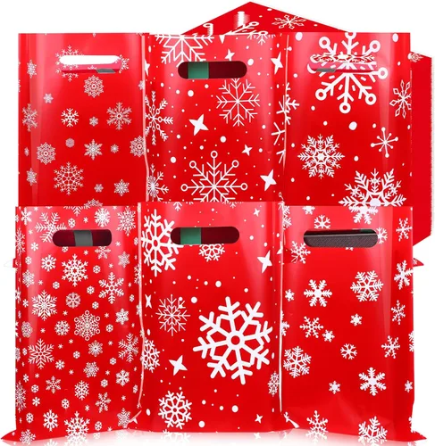 Vista 9 de Sinmoe 200 bolsas de plástico de Navidad a granel, bolsa de regalo de mercancía de Navidad con asa de 9 x 12 pulgadas, reutilizable, bolsa