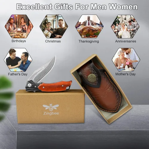 Vista 7 de Cuchillo de bolsillo de damasco Zingbee para hombres y mujeres, cuchillo plegable con mango de madera con funda, cuchillos de bolsillo de 3.15