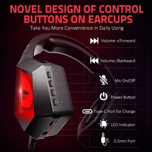 Vista 5 de BENGOO Auriculares inalámbricos para juegos 24G para PS5 PS4 PC con micrófono desmontable con cancelación de ruido luz LED roja orejeras de memoria
