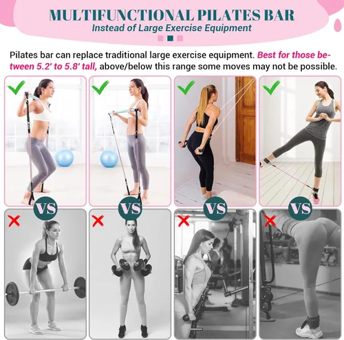 Vista 4 de Kit de barra de pilates con bandas de resistencia, barra multifuncional de yoga y pilates con hebilla de ajuste de metal resistente, kit de barra