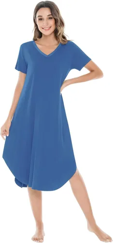 Vista 51 de NACHILA Bamboo Viscose Nightgowns for Women Cooling Short Sleeve Sleepshirt A-verde azulado azul