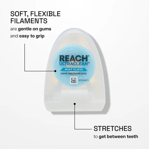 Vista 3 de REACH Ultraclean Hilo Dental, Menta, Removedor de Placa para Dientes, Resistente al Desgarro, Encerado, Suave con las Encías y Dientes, Menta