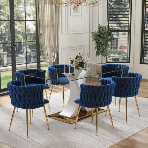 Vista 26 de Juego de comedor moderno de vidrio de lujo de 5 piezas, juego de cena rectangular minimalista grande para 4, juego de mesa de cocina de vidrio
