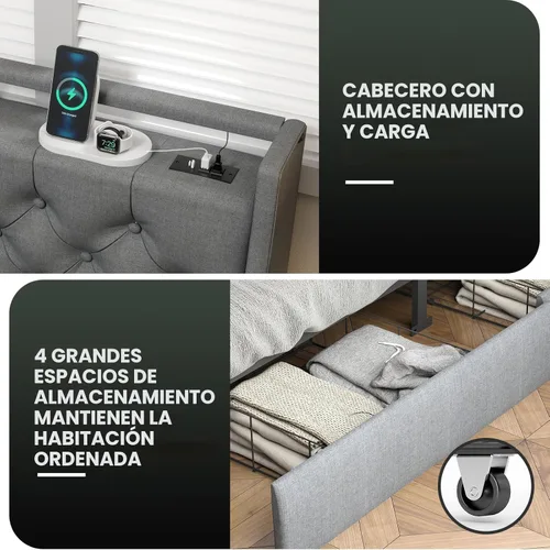 Vista 5 de Base de cama Queen con 4 cajones de almacenamiento y luces LED, plataforma tapizada tamaño Queen con estación de carga, soporte de listones