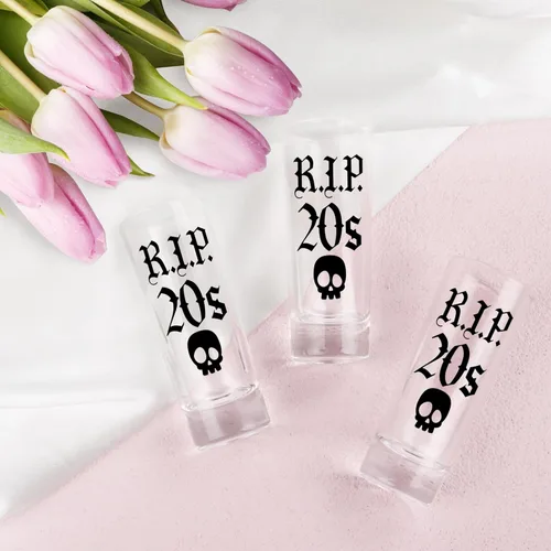 Vista 7 de JUSTOTRY Vaso de chupito de 30 cumpleaños – RIP 20 regalos de cumpleaños para ella, vaso de chupito de 2 onzas, mejores decoraciones de cumpleaños