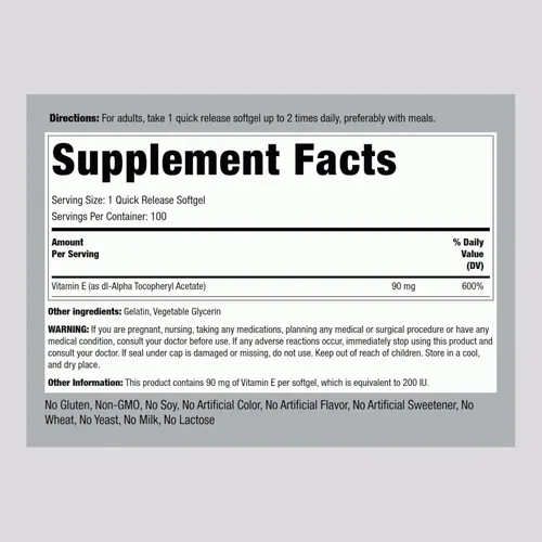 Vista 2 de Piping Rock Vitamina E 200 UI 90 mg 100 cápsulas de gel suave Suplemento de alta potencia Sin OMG, sin gluten