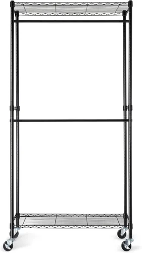 Vista 2 de Yaxa Basics Perchero ajustable con doble barra, organizador de ropa colgante con ruedas, resistente, 36 x 14 x 72 pulgadas, negro
