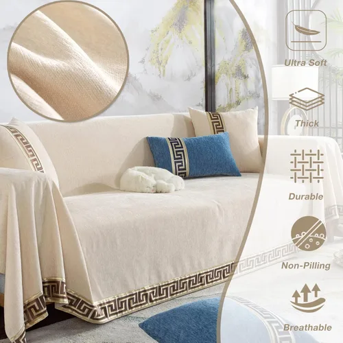 Vista 3 de Funda beige de felpilla para sofá de 3 cojines, funda universal para sofá para perros y gatos, lavable a máquina, fundas duraderas para muebles