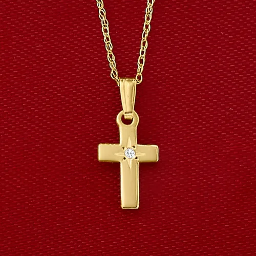 Vista 3 de Ross-Simons Collar con colgante de cruz de oro amarillo de 14 quilates para bebé con acento de diamantes. 13 pulgadas, Oro, no conocido