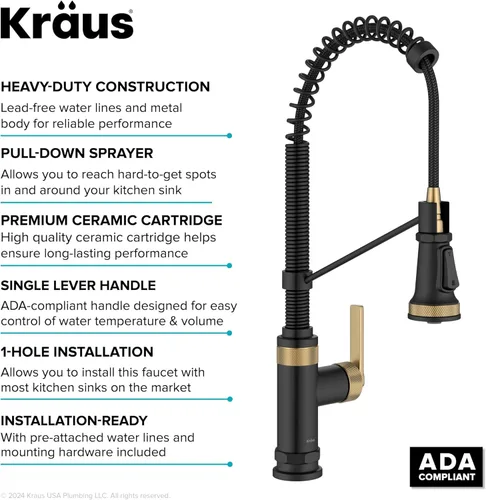 Vista 3 de KRAUS Allyn KPF-4110BBMB - Grifo de cocina de 2 funciones de estilo comercial en latón cepillado sin manchas/negro mate, KPF-4110BBMB