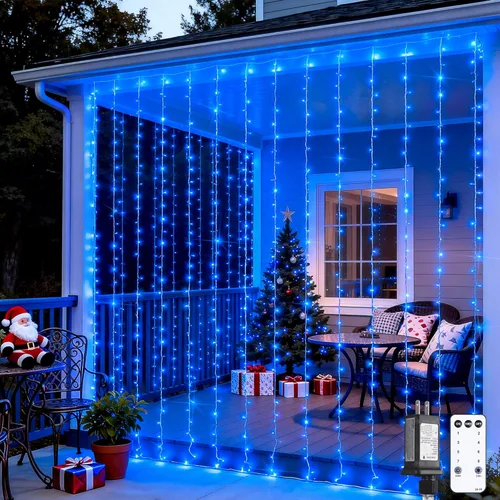 Vista 12 de JMEXSUSS - Cadena de luces de Navidad rojas y blancas de 300 LED con control remoto, luces de cortina de Navidad de 9.8x9.8 pies, enchufe, 8 modos