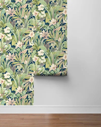 Vista 8 de NextWall Papel tapiz para despegar y pegar de pájaros florecientes (helecho y azul mezclilla)