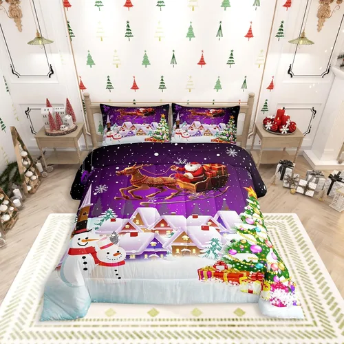 Vista 35 de Manfei Juego de edredón de Navidad, tamaño King, juego de edredón de árbol de Navidad, muñeco de nieve con 2 fundas de almohada, juego de ropa