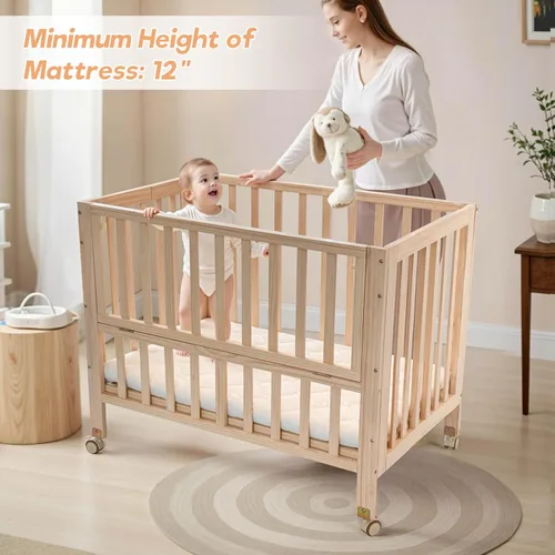 Vista 5 de Flwrgirl - Cuna de madera plegable junto a la cama - Cuna portátil 4 en 1 para bebé con colchón transpirable, cuna de 3 alturas con ruedas, cuna