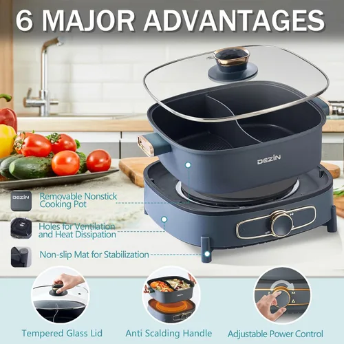 Vista 6 de Dezin Olla eléctrica con divisor, olla eléctrica Shabu Shabu Shabu de doble sabor de 5.5L, cocina eléctrica antiadherente extraíble de doble cara