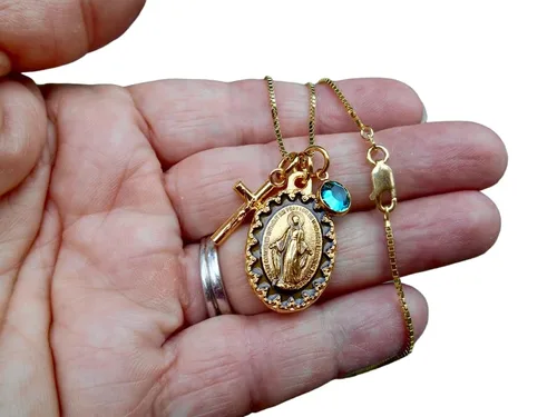 Gold Tone Miraculous Medal -20" Gold Plated 925 Sterling Silver Box Chain, Tiny Crucifix Charm, Personalized Crystal Birthstone Confirmation Gift